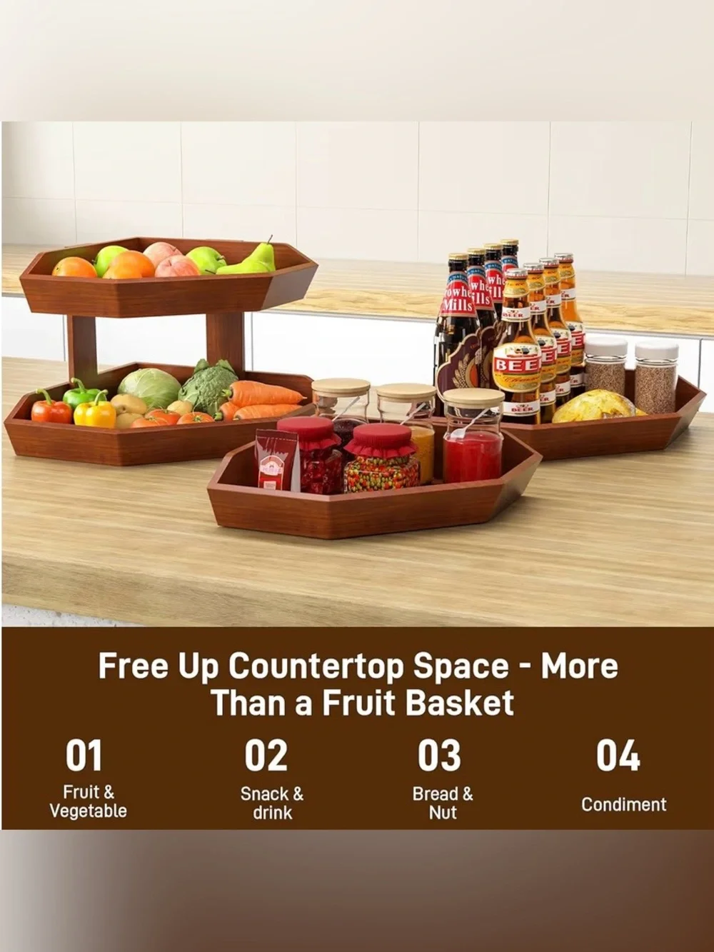 Wooden 2-Tier Fruit Basket for Kitchen Counter Space-Saving Organizer